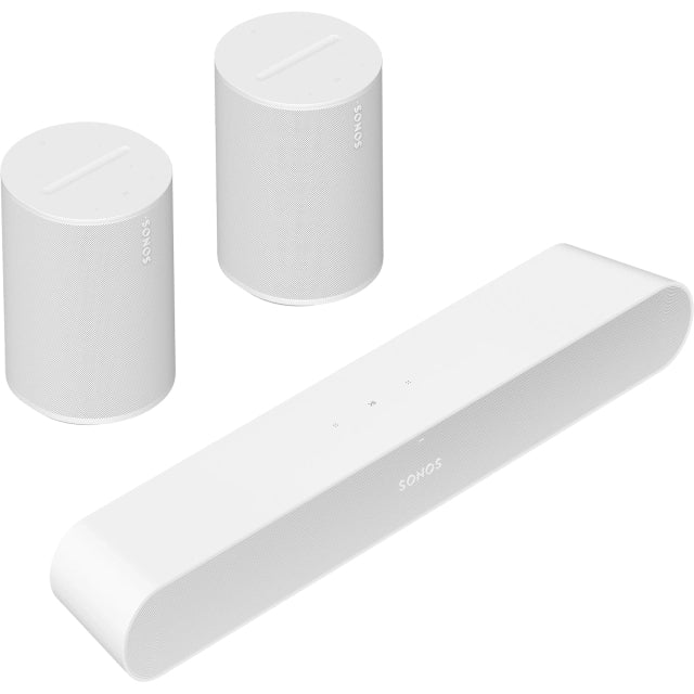 Sonos Ray Soundbar White in front of two Sonos Era 100 Smart Speakers White front angle top down view against a white background.