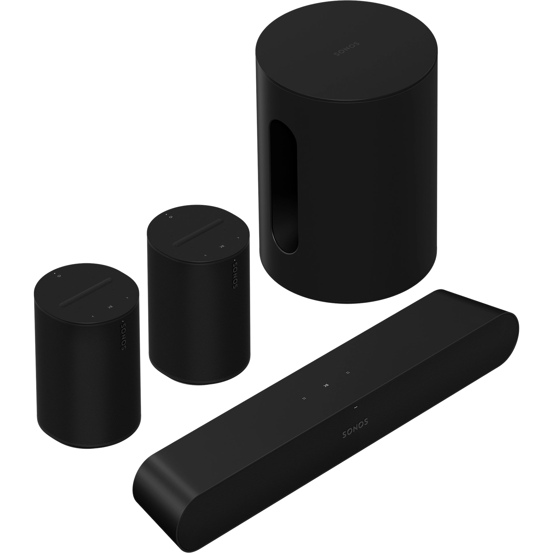 Sonos Ray Soundbar Black in front, Two Sonos Era 100 Smart Speakers Black behind, and Sonos Sub Mini Black to the right. top down front angled view of each device against a white background.