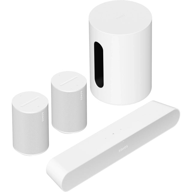 Sonos Ray Soundbar White in front, Two Sonos Era 100 Smart Speakers White behind, and Sonos Sub Mini White to the right. top down front angled view of each device against a white background.