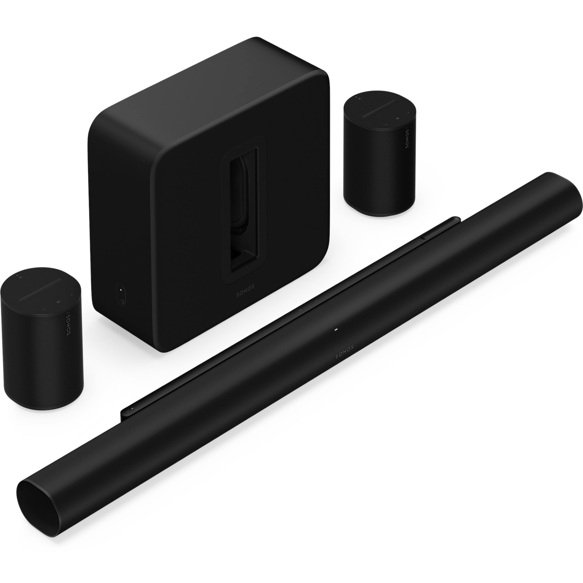 Sonos Arc Ultra Soundbar Black in front of two Sonos Era 100 Smart Speakers Black either side of a Sonos Sub 4 Subwoofer Black front angled top down view against a white background.