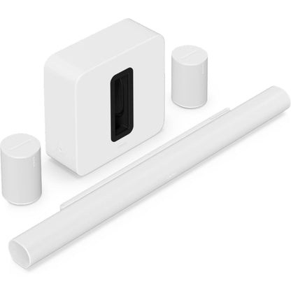 Sonos Arc Ultra Soundbar White in front of two Sonos Era 100 Smart Speakers White either side of a Sonos Sub 4 Subwoofer White front angled top down view against a white background.