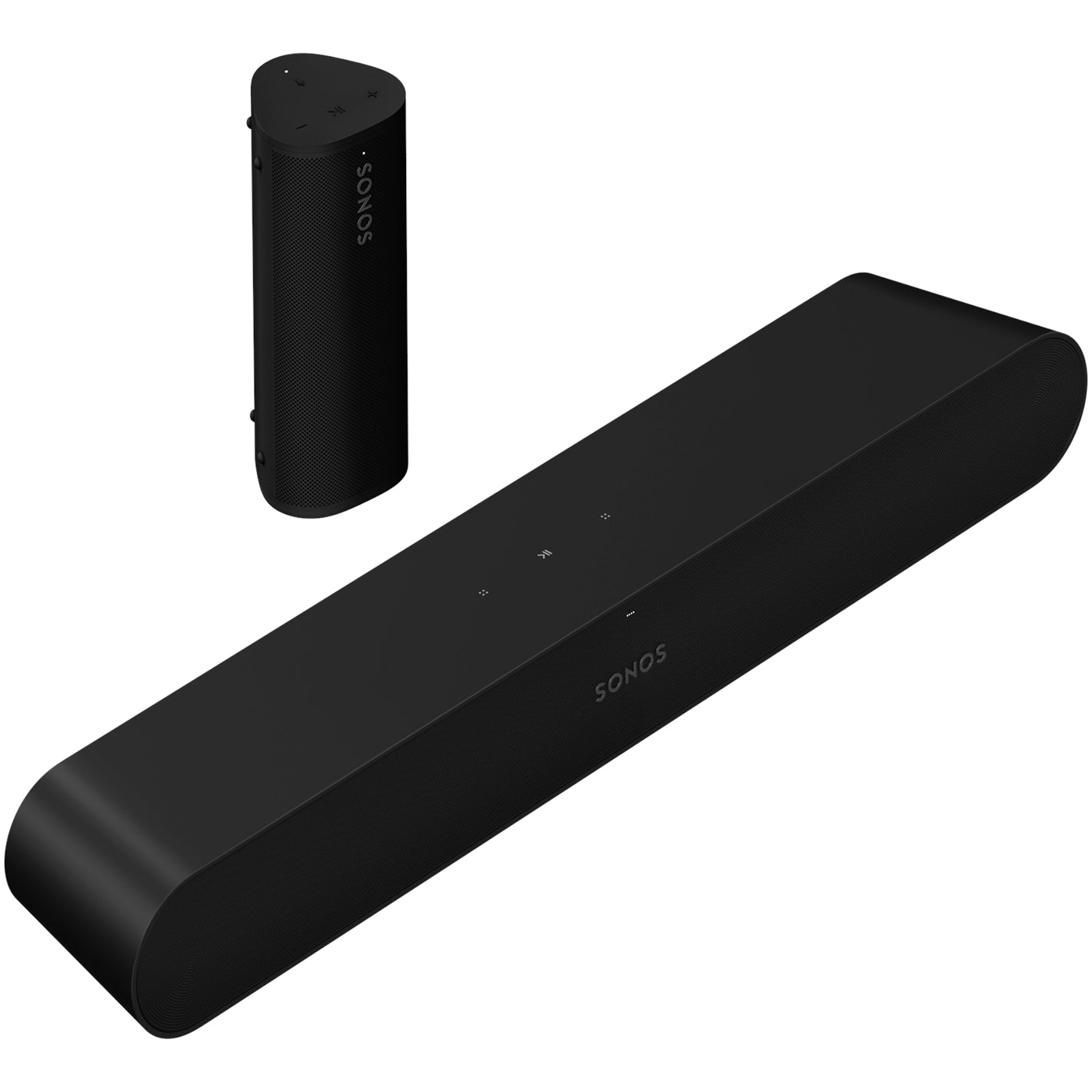 Sonos Ray Soundbar and Sonos Roam 2 Portable Speaker Black angled view against a white background.