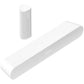 Sonos Ray Soundbar and Sonos Roam 2 Portable Speaker White angled view against a white background.