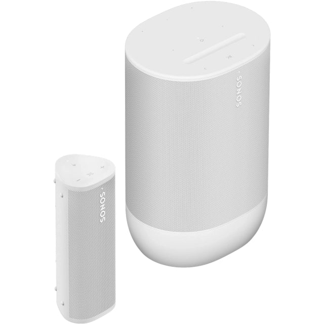 Sonos Move 2 Portable Speaker White next to a Sonos Roam 2 Portable Speaker White front angled top down view against a white background.