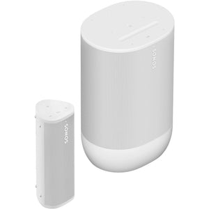 Sonos Move 2 Portable Speaker White next to a Sonos Roam 2 Portable Speaker White front angled top down view against a white background.