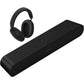 Sonos Ray Soundbar Black in front of Sonos Ace Headphones Black front angled top down view against a white background.