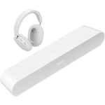 Sonos Ray Soundbar White in front of Sonos Ace Headphones White front angled top down view against a white background.