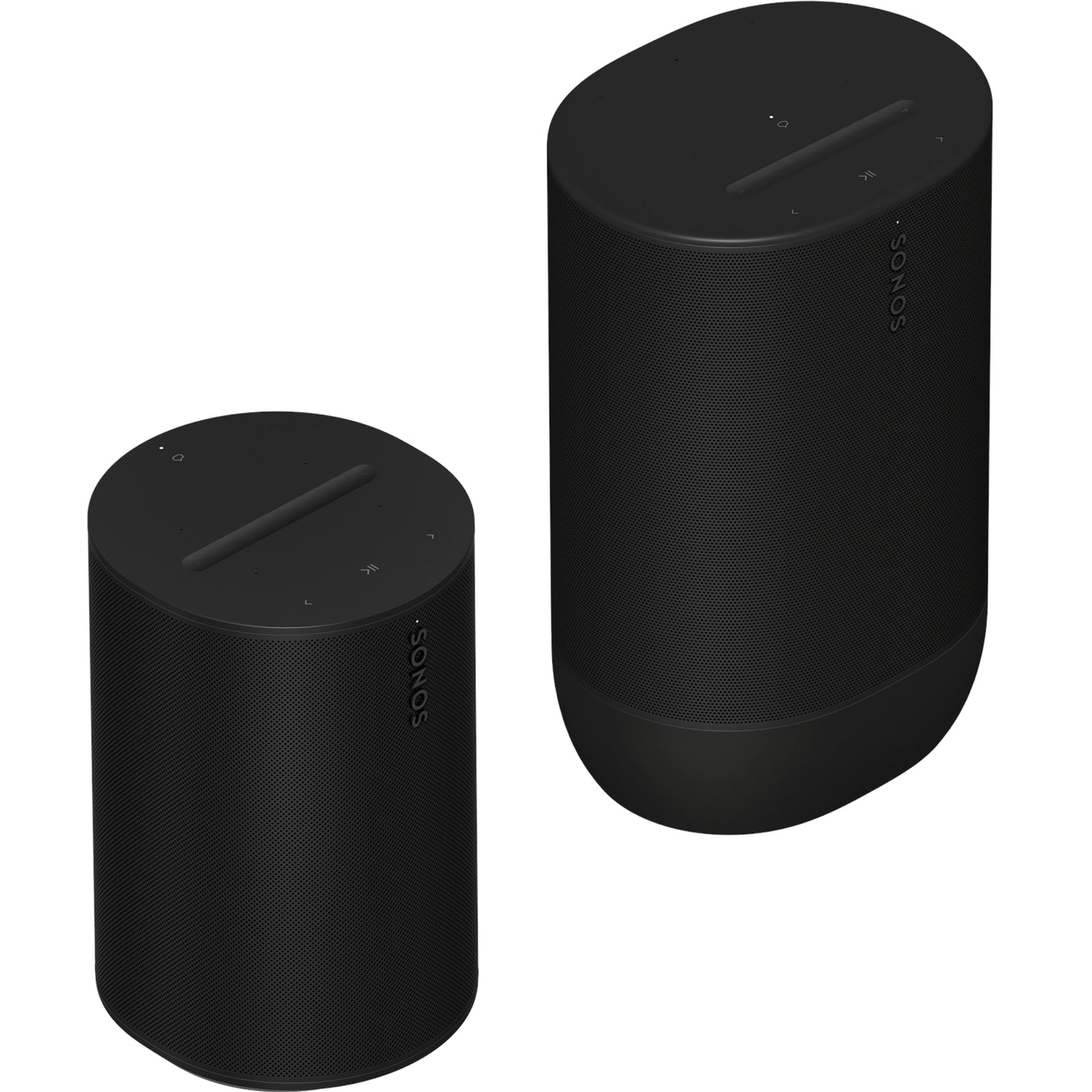 Sonos Move 2 Portable Speaker Black next to a Sonos Era 100 Smart Speaker Black front angled top down view against a white background.