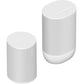 Sonos Move 2 Portable Speaker White next to a Sonos Era 100 Smart Speaker White front angled top down view against a white background.