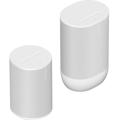 Sonos Move 2 Portable Speaker White next to a Sonos Era 100 Smart Speaker White front angled top down view against a white background.