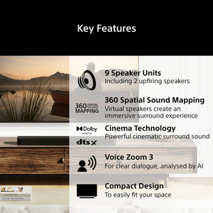 Sony BRAVIA Theatre Bar 7 Single Soundbar, 9 Speaker Units, Surround Sound by Dolby Atmos®/DTS:X®, 360 Spatial Sound Mapping, Voice Zoom 3 for Sony Smart TV, Bluetooth® - HT-A7100 2026 Model