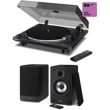 Sharp RPTT100CPSS30 Pair of Wireless Bookshelf Speakers with Automatic Bluetooth Turntable - Black
