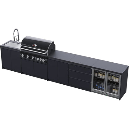 Whistler Grills Fairford 1 Modular Outdoor Kitchen, 5 Burner BBQ with Rotisserie, Sink, Storage and Double Door Fridge - Black