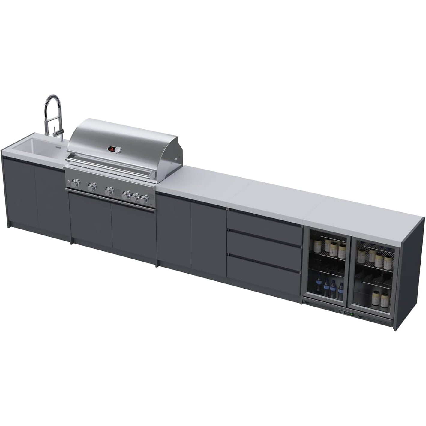 Whistler Grills Fairford 1 Modular Outdoor Kitchen, 5 Burner BBQ with Rotisserie, Sink, Storage and Double Door Fridge - Grey