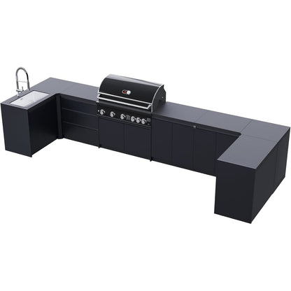Whistler Grills Fairford 4 Modular Outdoor Kitchen with 5 Burner BBQ, Rotisserie, Sink, Double Door Fridge and Storage. - Black