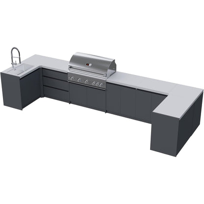 Whistler Grills Fairford 4 Grey Modular Outdoor Kitchen with 5 Burner BBQ, Rotisserie, Sink, Double Door Fridge and Storage. - Grey