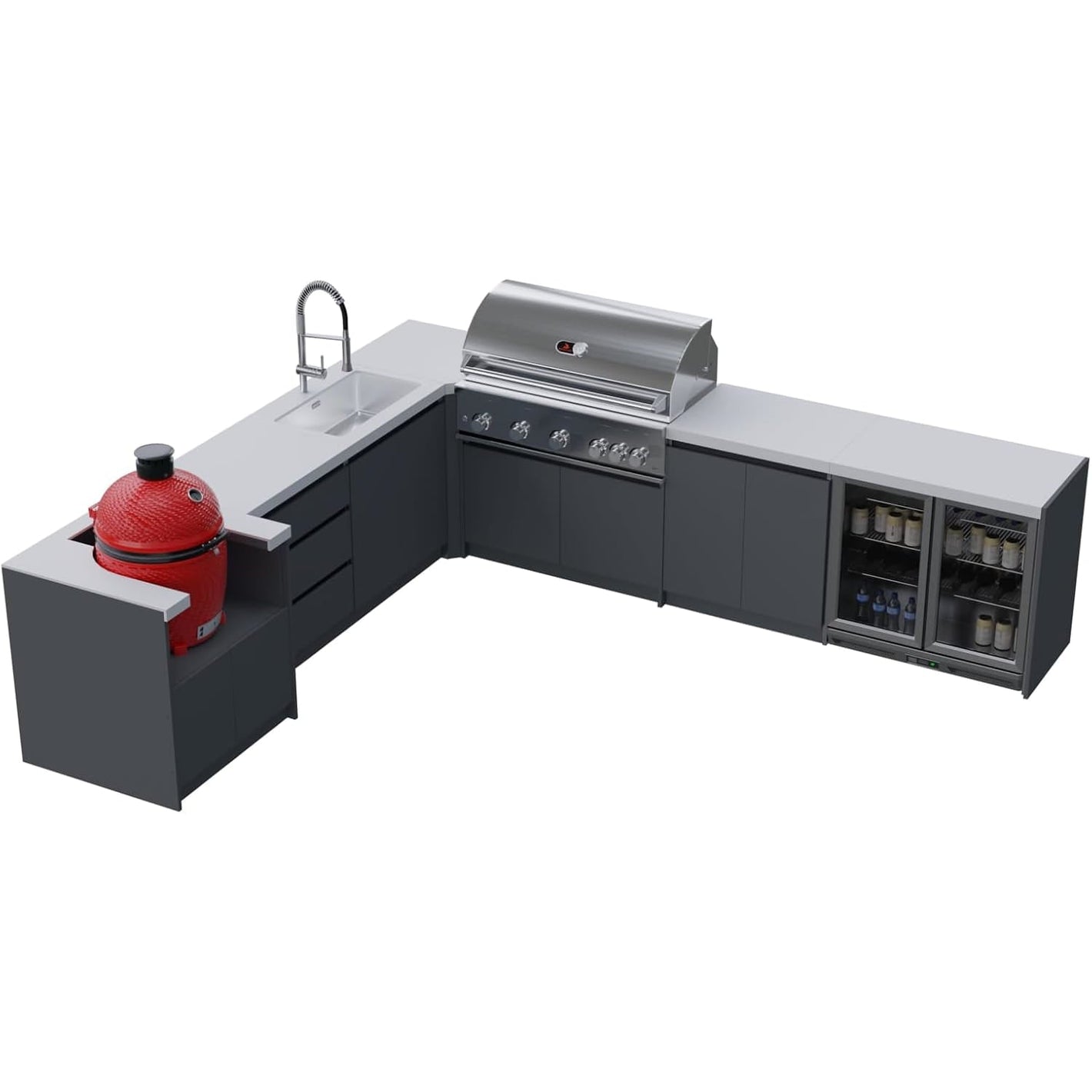 Whistler Grills Fairford 5 Modular Outdoor Kitchen, 5 Burner BBQ with Rotisserie, Sink, Storage, Double Door Fridge and Ceramic Egg Module (egg sold separately) - Grey
