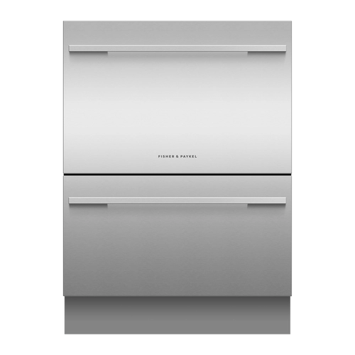 Stainless steel dishwasher with two drawers on a white background