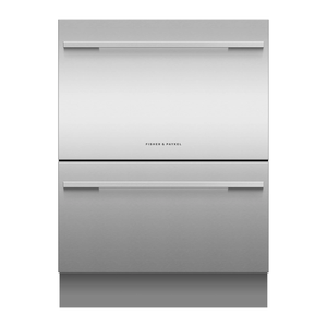 Stainless steel dishwasher with two drawers on a white background
