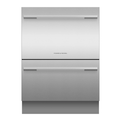 Stainless steel dishwasher with two drawers on a white background