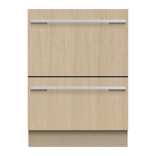 Dishwasher with custom wooden front panel with two drawers on a white background