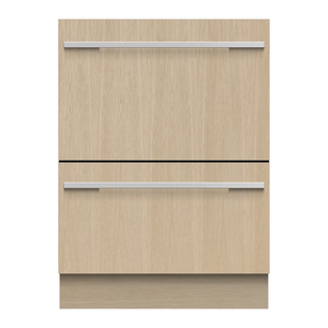 Dishwasher with custom wooden front panel with two drawers on a white background