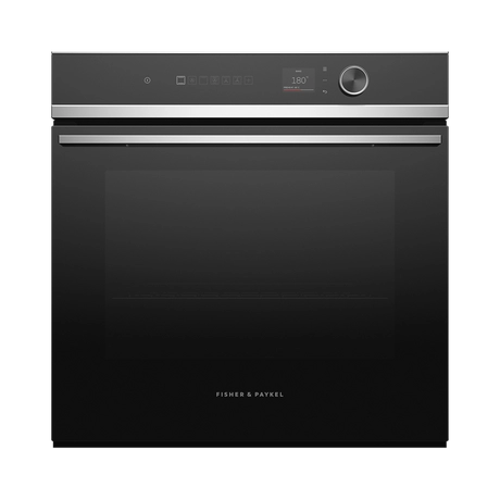 Black oven with digital display on a white background