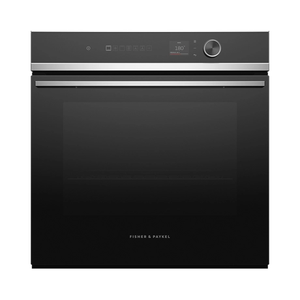 Black oven with digital display on a white background