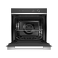 Open black oven with digital display on a white background