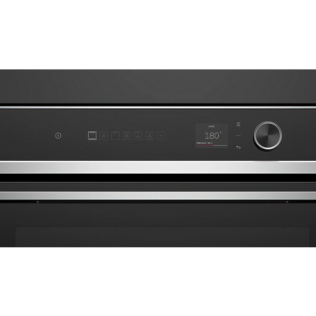 Black and silver oven control panel on a white background