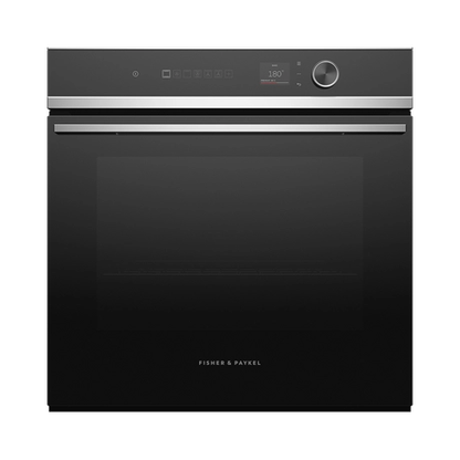 Black oven with digital display on a white background