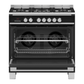 Black range cooker with open oven door on a white background