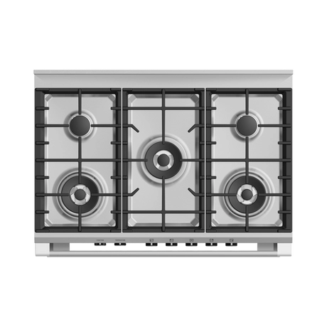 Stainless steel range cooker gas stove with five burners on a white background