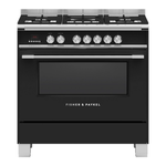 Black Fisher & Paykel range cooker with silver knobs on a white background