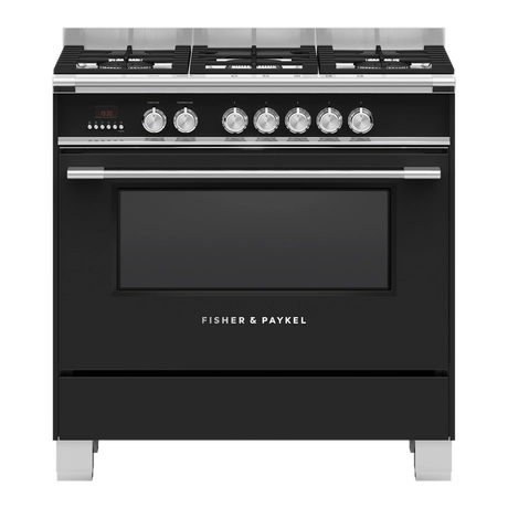 Black Fisher & Paykel range cooker with silver knobs on a white background