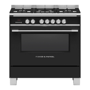 Black Fisher & Paykel range cooker with silver knobs on a white background