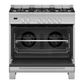 Stainless steel kitchen range with gas cooktop and oven on a white background