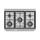 Stainless steel gas hob with five burners on a white background