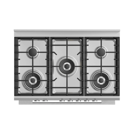 Stainless steel gas hob with five burners on a white background
