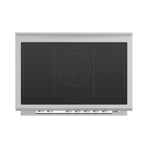 Stainless steel induction cooktop with black glass surface on a white background
