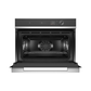 Black oven with open door on a white background