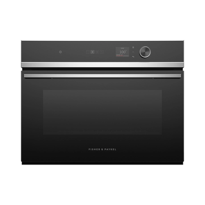 Black oven with digital display on a white background