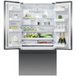 Open refrigerator with various food items inside on a white background