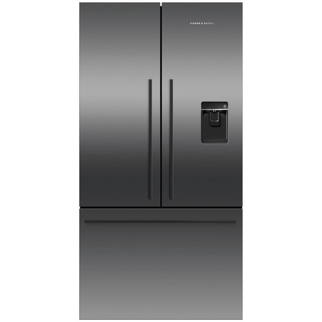 Stainless steel refrigerator with water and ice dispenser on a white background