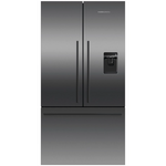 Stainless steel refrigerator with water and ice dispenser on a white background