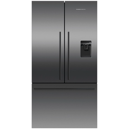 Stainless steel refrigerator with water and ice dispenser on a white background