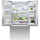Open refrigerator with various food items on a white background