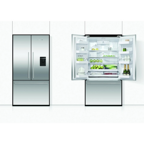 Stainless steel refrigerator with open door displaying various items on a white background