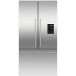 Stainless steel refrigerator with water and ice dispenser on a white background