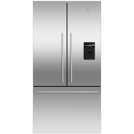 Stainless steel refrigerator with water and ice dispenser on a white background